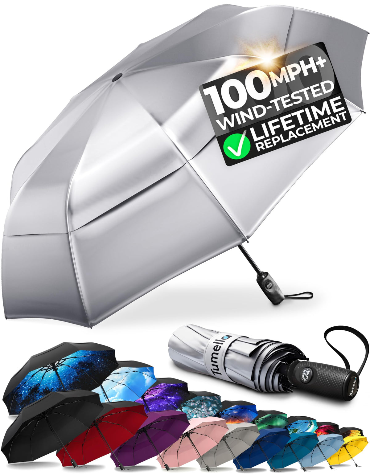 Strongest Windproof Travel Umbrella (Compact, 100MPH Wind-Tested)