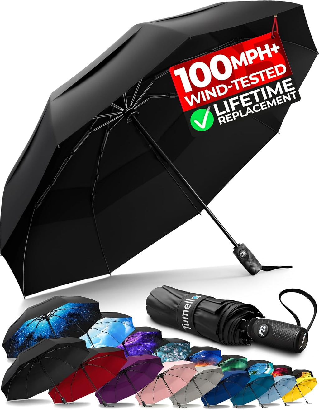 Strongest Windproof Travel Umbrella (Compact, 100MPH Wind-Tested)