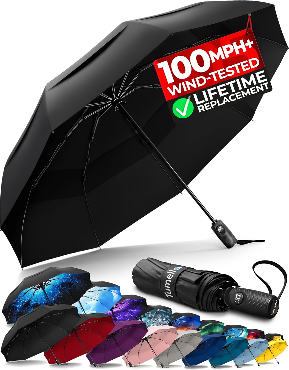 Strongest Windproof Travel Umbrella (Compact, 100MPH Wind-Tested)