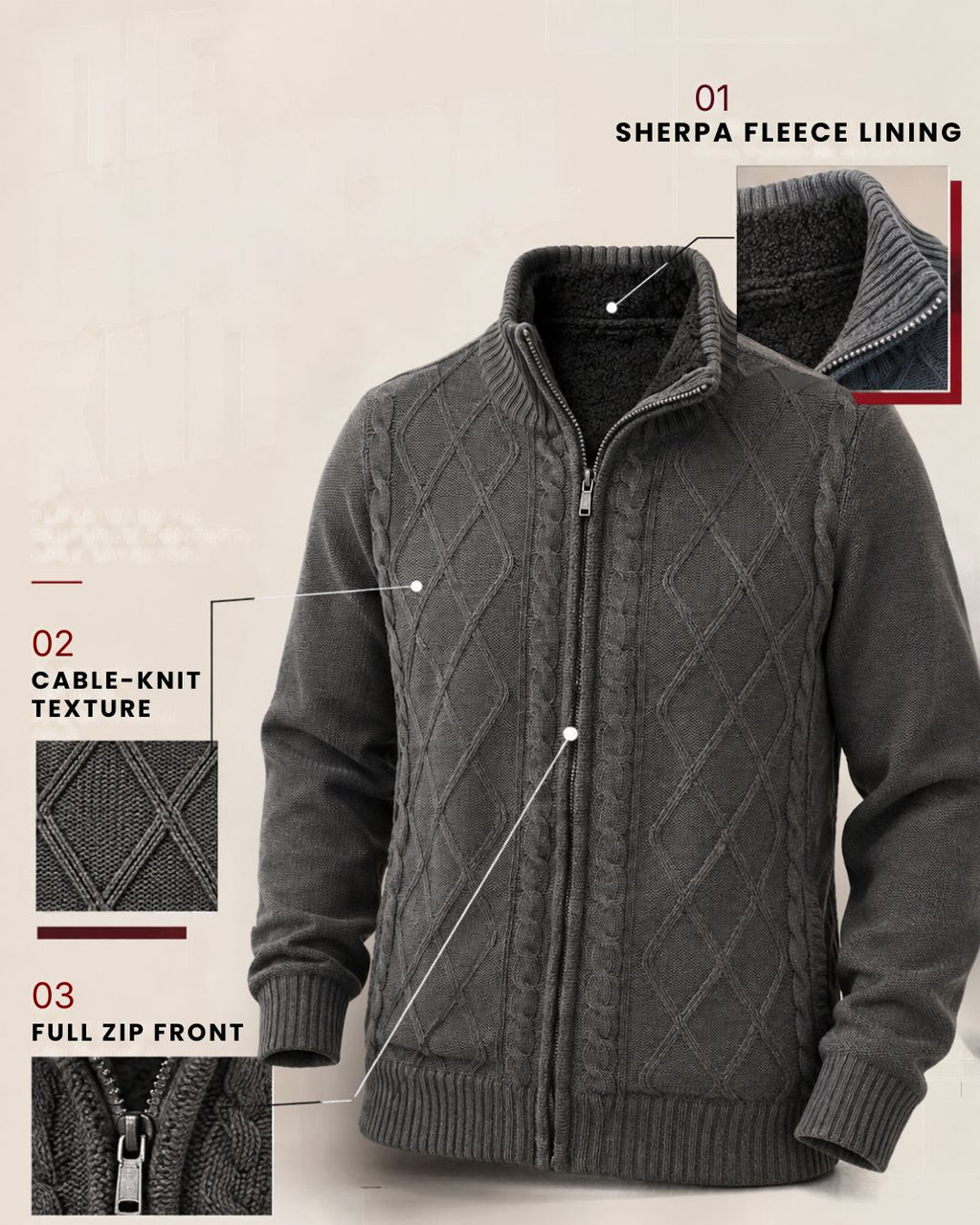 Men's Sherpa Fleece Lined Zip Front Sweater Jacket